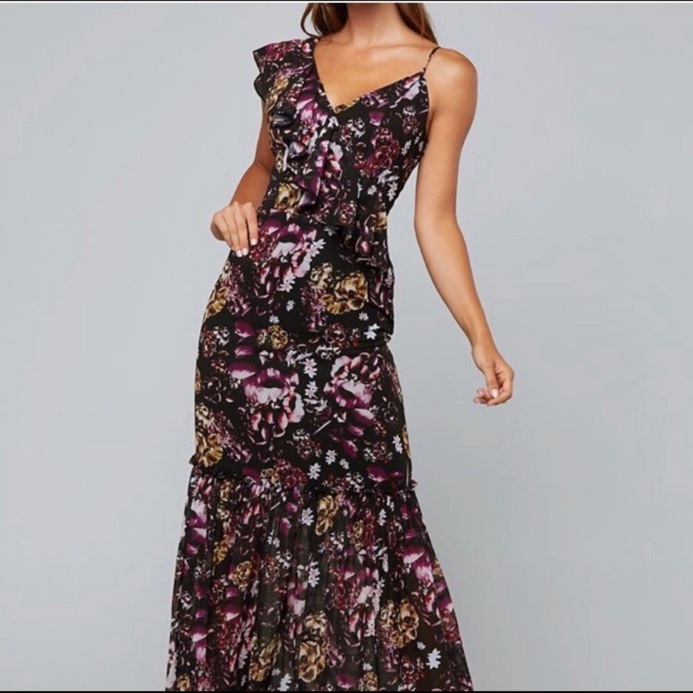 BEBE Floral Print Draped One Shoulder Ruffle Dress
